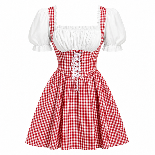 Dames Oktoberfest Jurk FeestRuit – Geruit met Pofmouwen