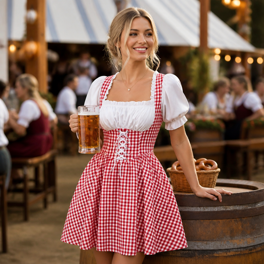 Dames Oktoberfest Jurk FeestRuit – Geruit met Pofmouwen