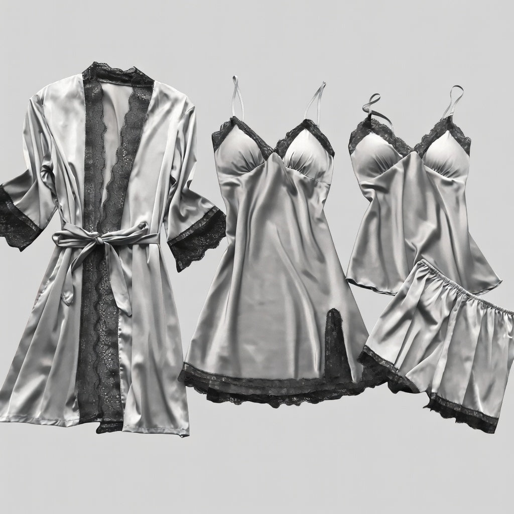 Silvéra Dames Satijnen Pyjama Set met Kant en Kimono