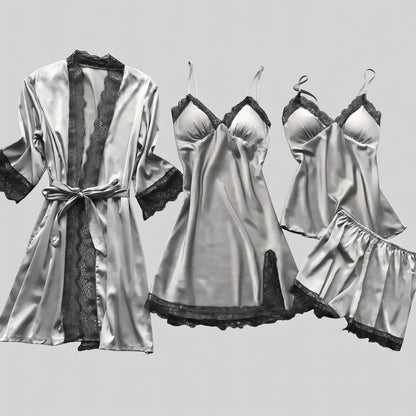 Silvéra Dames Satijnen Pyjama Set met Kant en Kimono