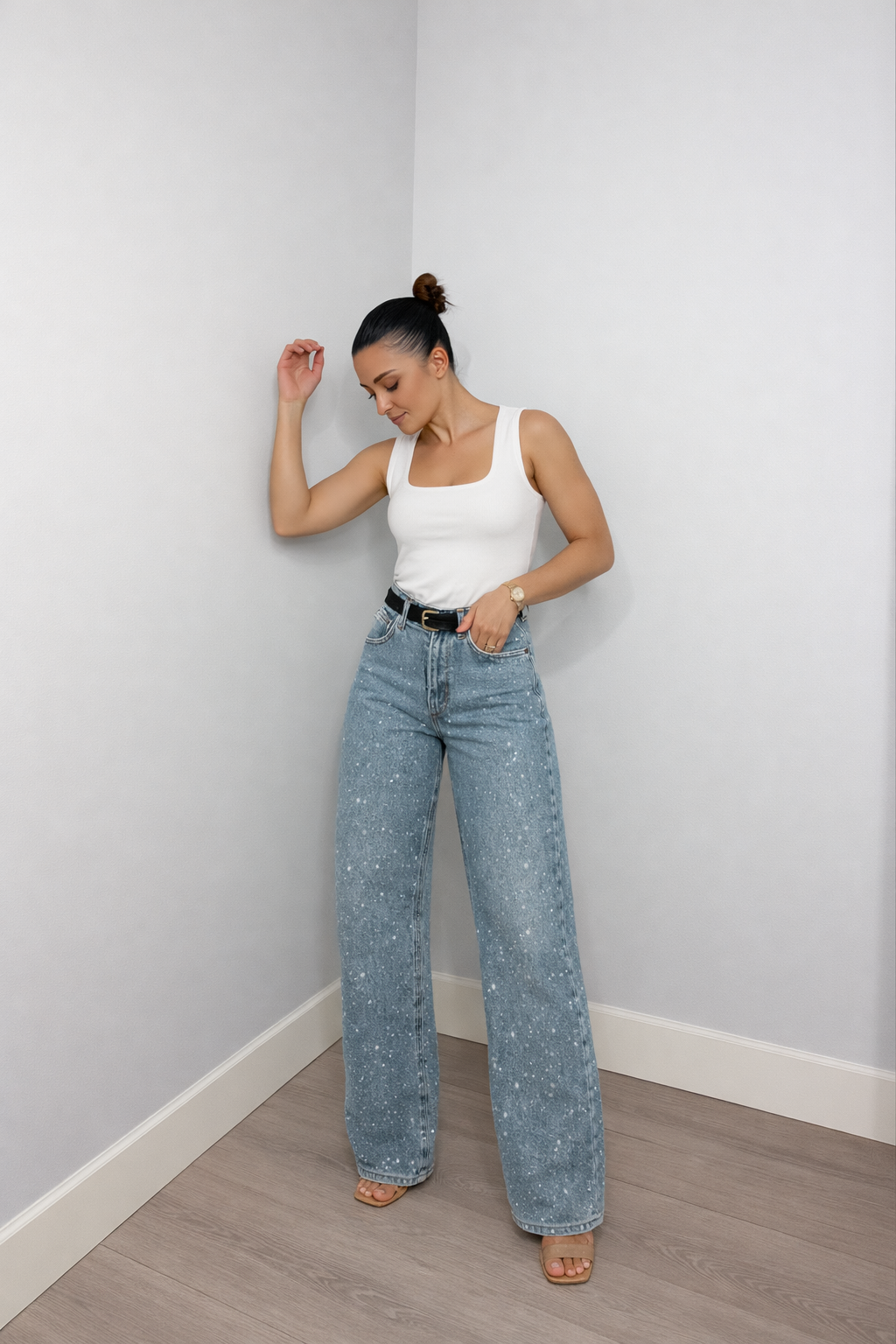 Lunéa Dames High Waist Jeans met Rechte Pijpen en Glans
