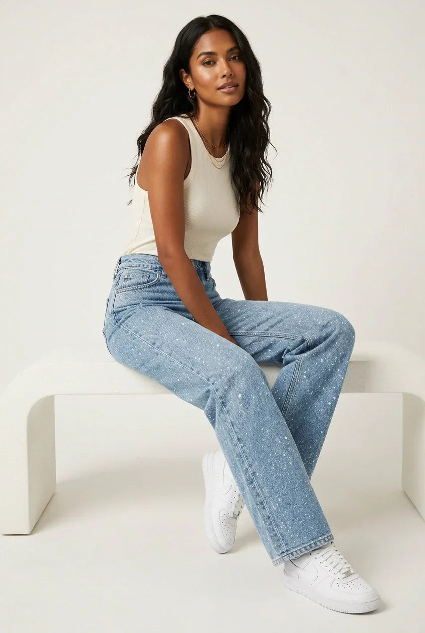 Lunéa Dames High Waist Jeans met Rechte Pijpen en Glans