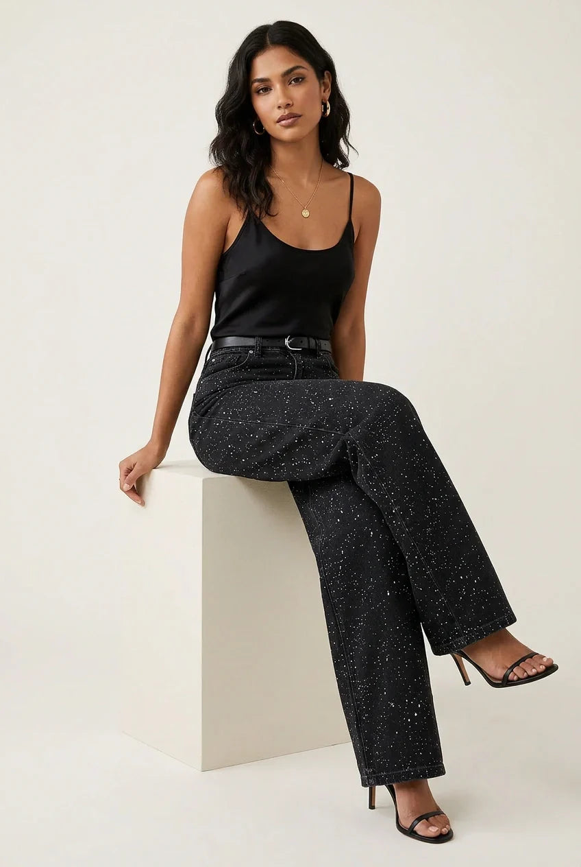 Lunéa Dames High Waist Jeans met Rechte Pijpen en Glans