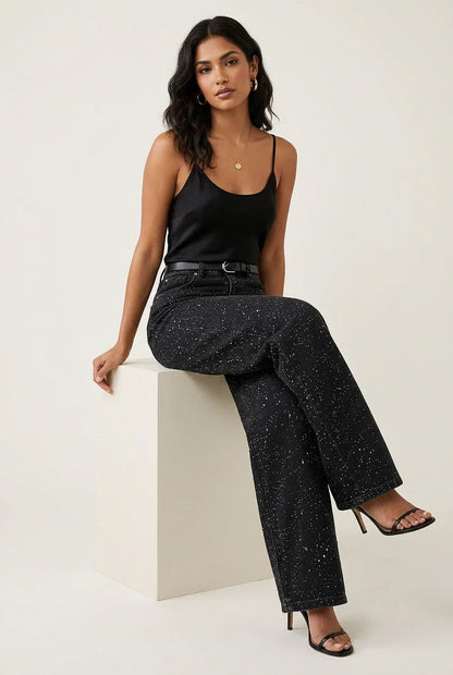 Lunéa Dames High Waist Jeans met Rechte Pijpen en Glans