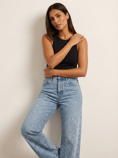 Lunéa Dames High Waist Jeans met Rechte Pijpen en Glans