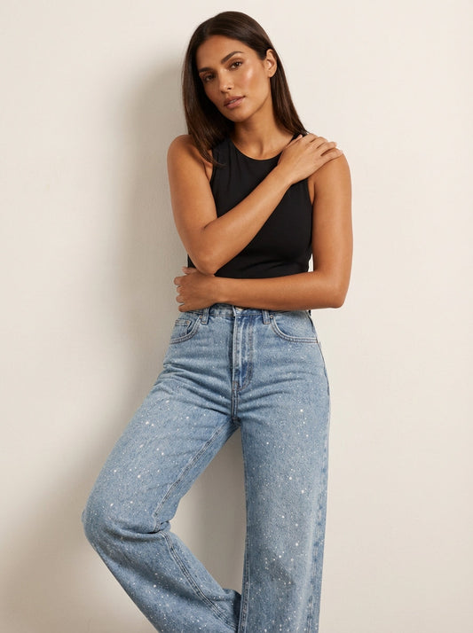 Lunéa Dames High Waist Jeans met Rechte Pijpen en Glans