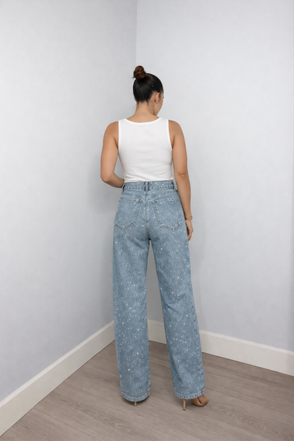 Lunéa Dames High Waist Jeans met Rechte Pijpen en Glans