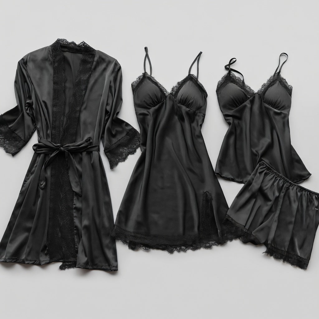 Silvéra Dames Satijnen Pyjama Set met Kant en Kimono
