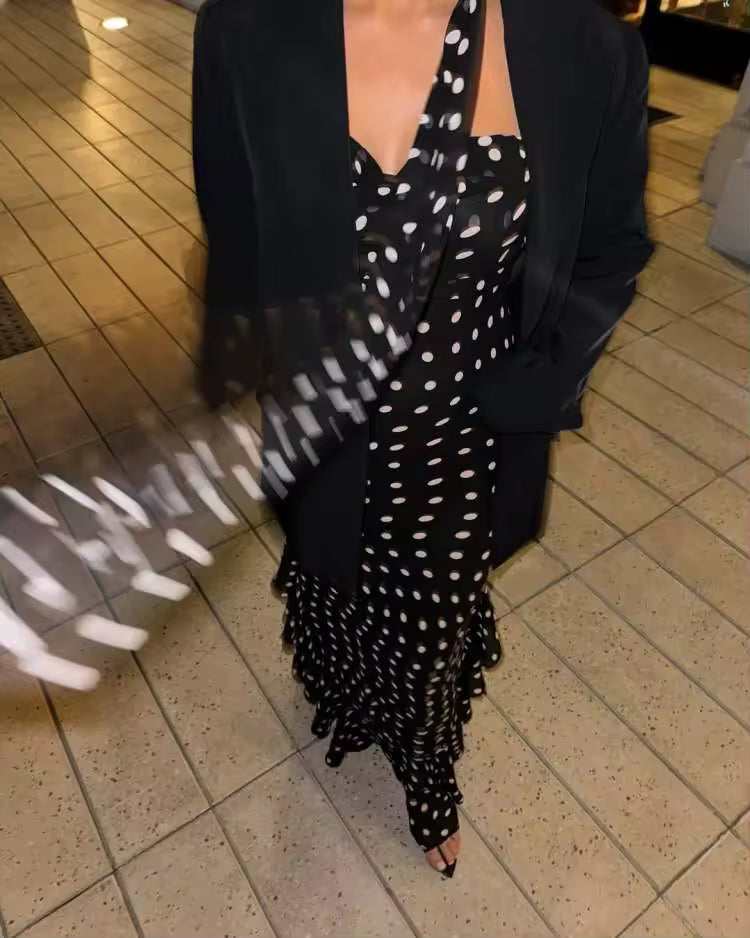 Lieke Maxi Jurk Dames – Zwarte Jurk met Witte Polkadots