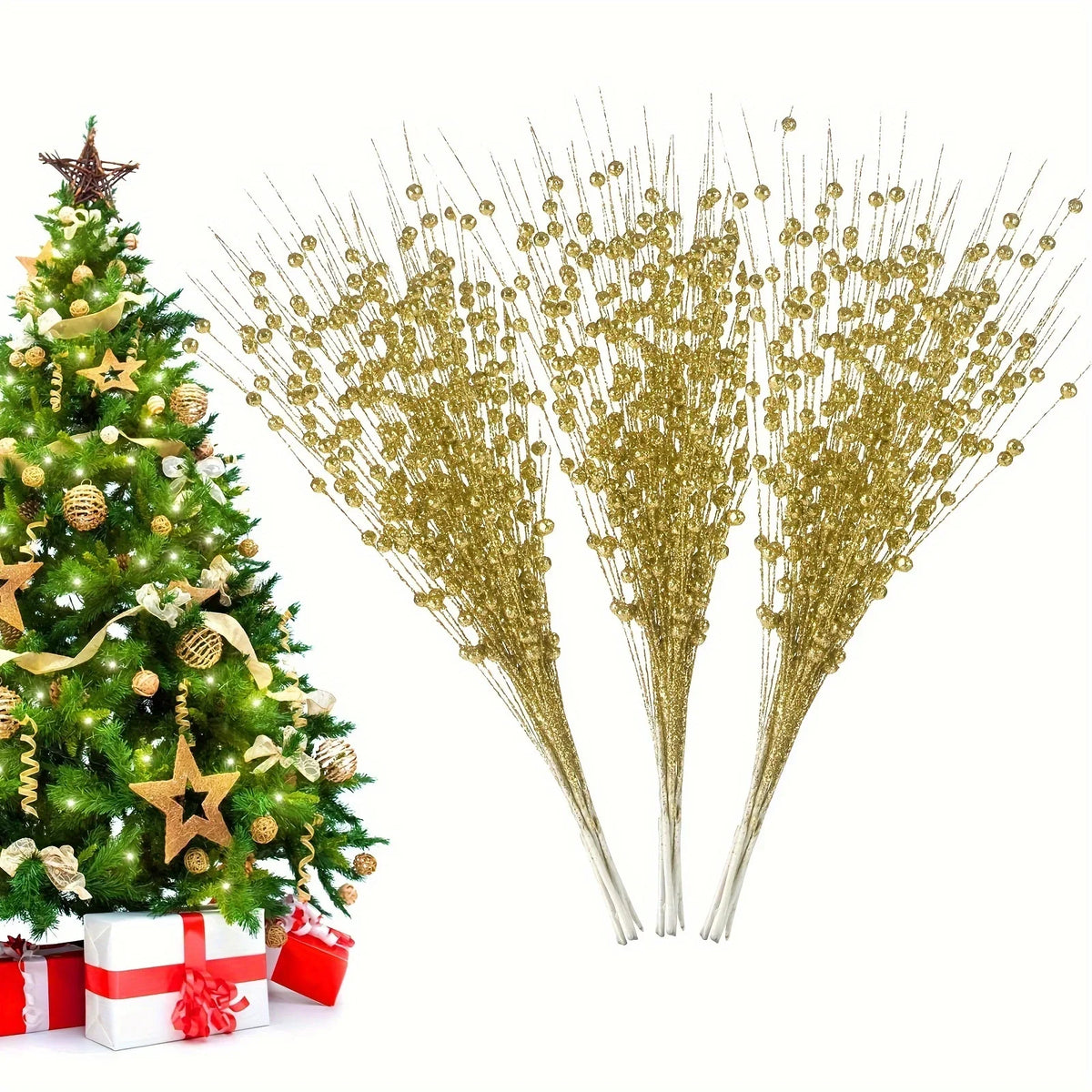 Goudbesia – Set van 6 Gouden Kerstbessen met Pailletten