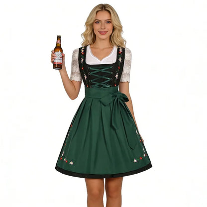 Groene Bloem Dames Dirndl Jurk met Borduursels en Vetersluiting