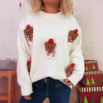 Rode gebreide trui met teddybeerdecoraties, ronde hals