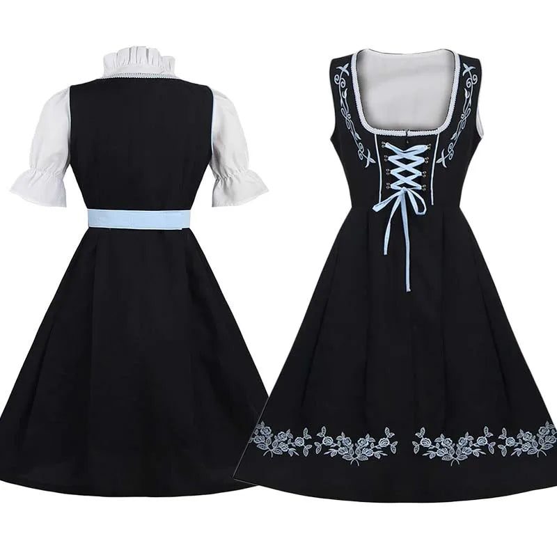 Zwarte Dames Dirndl Jurk 3-Delige Set met Blauw Schort