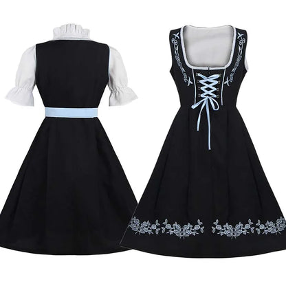 Zwarte Dames Dirndl Jurk 3-Delige Set met Blauw Schort