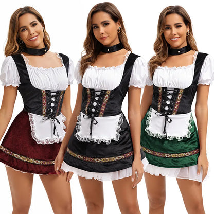 Dames Dirndl Jurk – Oktoberfest Kostuum met Schort en Ketting