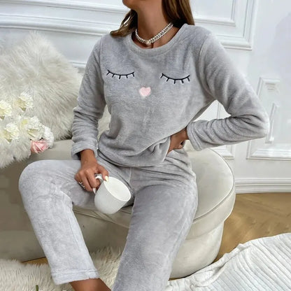 Dames Warme Pyjamaset 2-Delig – Zachte Nachtkleding met Lange Mouwen