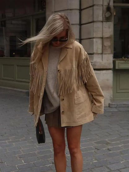Fenna Suède Damesjas – Lange Boho Jas met Franje en Western Look