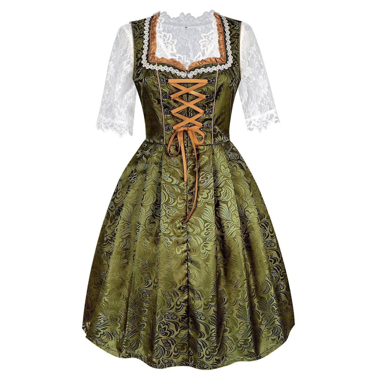 Groene Dirndl jurk met witte kanten blouse en gouden strik