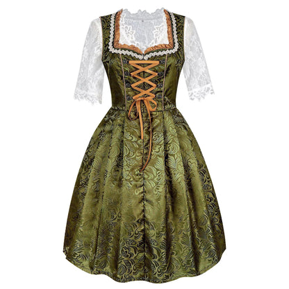 Groene Dirndl jurk met witte kanten blouse en gouden strik