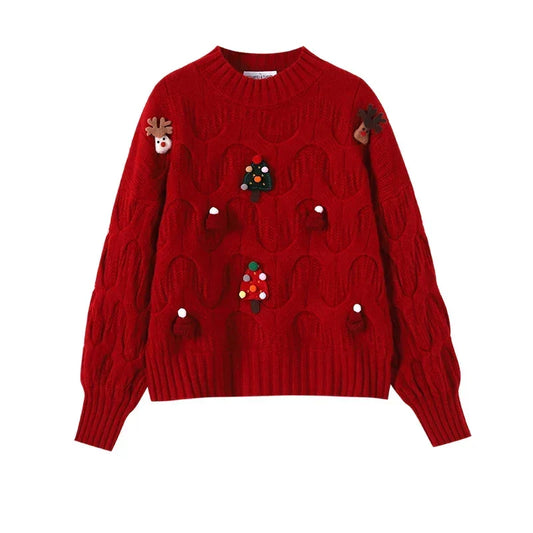 Kerstknus – Dames kersttrui met rendiermotief en ronde hals