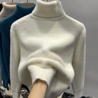 Zachte Hoge Hals Trui voor Dames in Fluffy Materiaal, Lange Mouwen