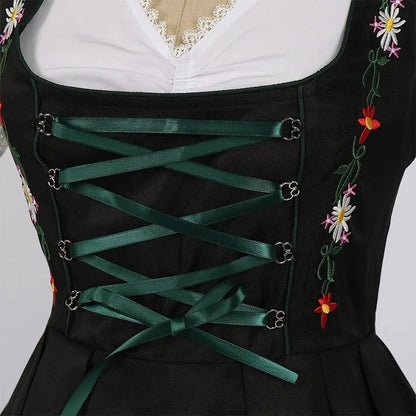 Groene Bloem Dames Dirndl Jurk met Borduursels en Vetersluiting