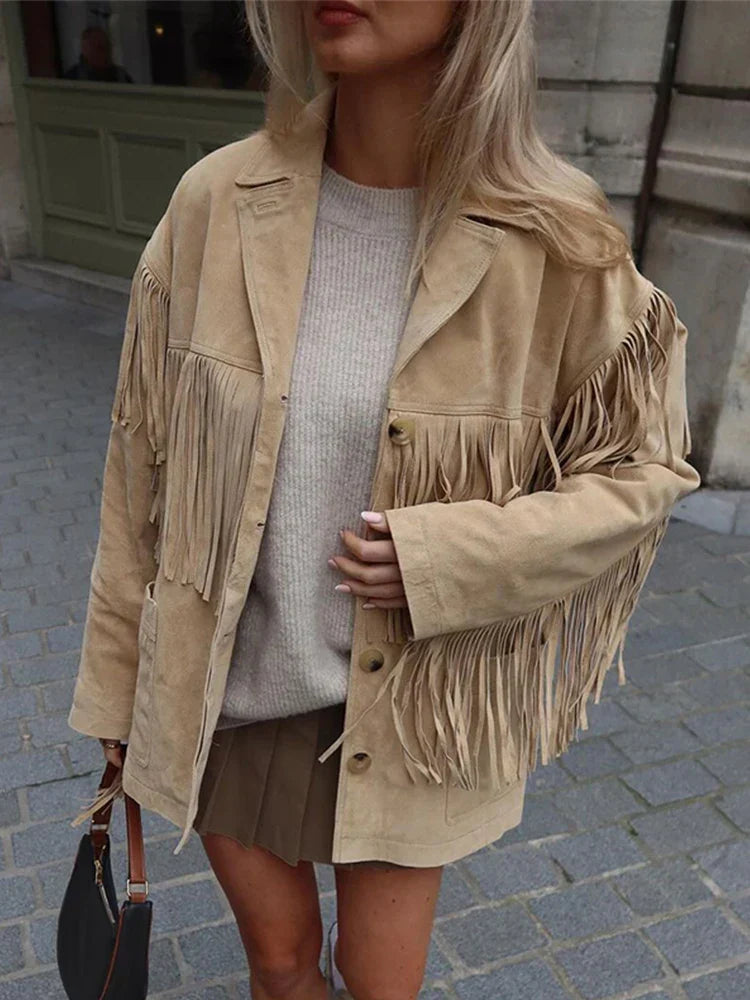 Fenna Suède Damesjas – Lange Boho Jas met Franje en Western Look