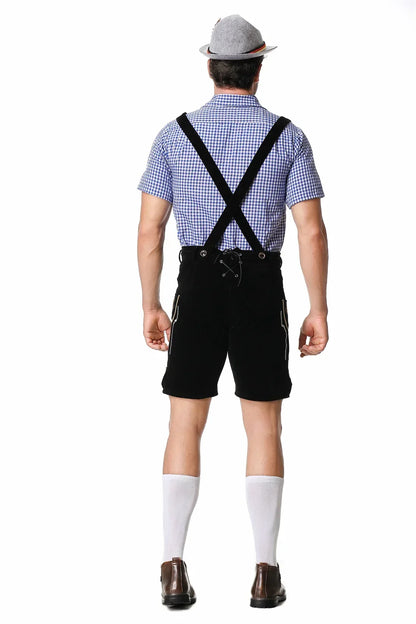 Heren Oktoberfest Lederhosen-set met shirt, bretels en hoed, geborduurde korte broek