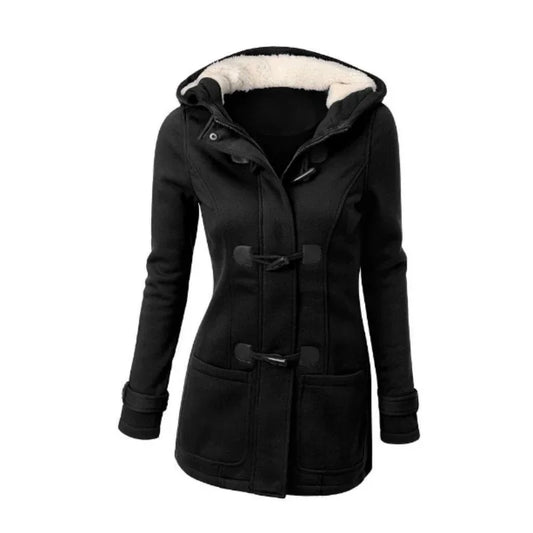 Damesjack met capuchon en sluiting, zwart, fleece gevoerd