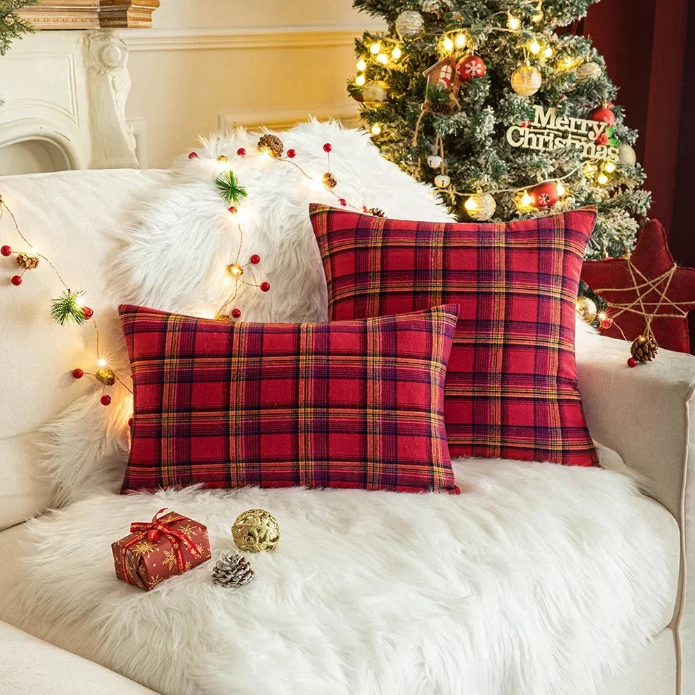 Kerst Kussenhoes 45x45 cm – Rood Groen met Sneeuwvlokmotief