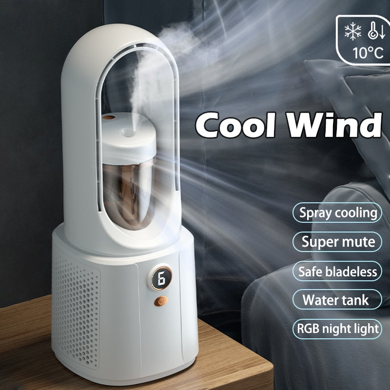 AeroMist Bladloze Ventilator – Luchtbevochtiger met Nachtlamp