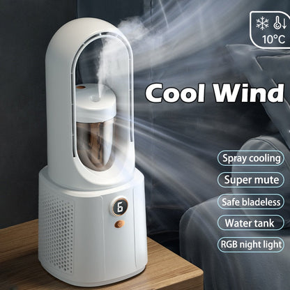 AeroMist Bladloze Ventilator – Luchtbevochtiger met Nachtlamp