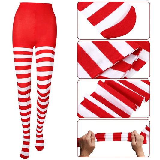 Kerststrepen Feline – Rood-Groene Kniehoge Kerstkousen van Polyester