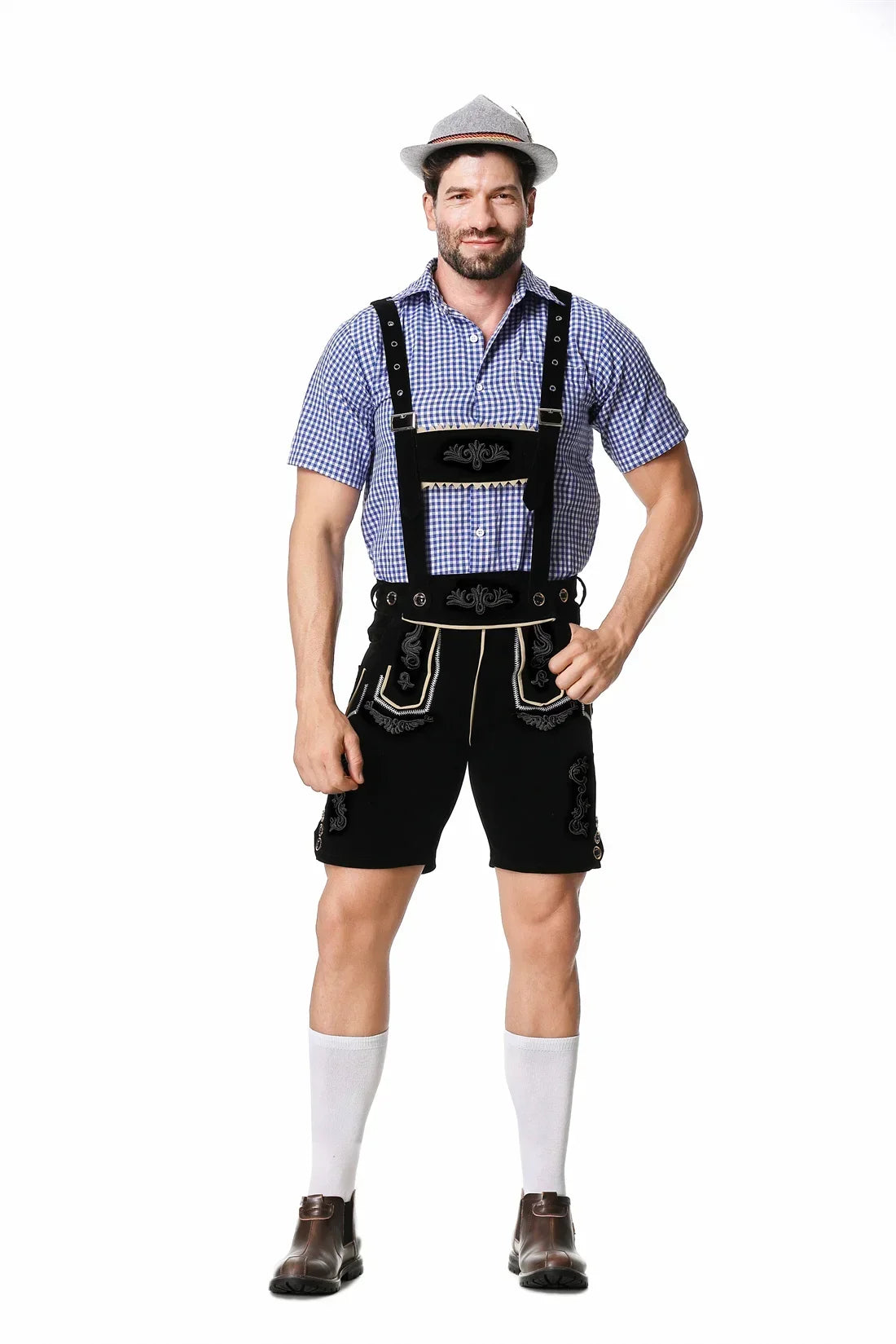 Heren Oktoberfest Lederhosen-set met shirt, bretels en hoed, geborduurde korte broek