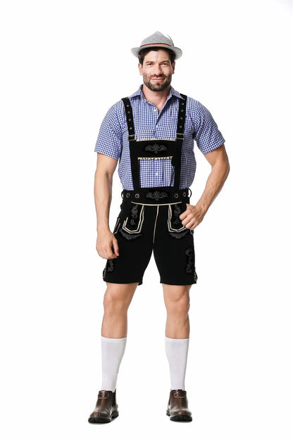 Heren Oktoberfest Lederhosen-set met shirt, bretels en hoed, geborduurde korte broek