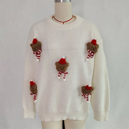 Rode gebreide trui met teddybeerdecoraties, ronde hals