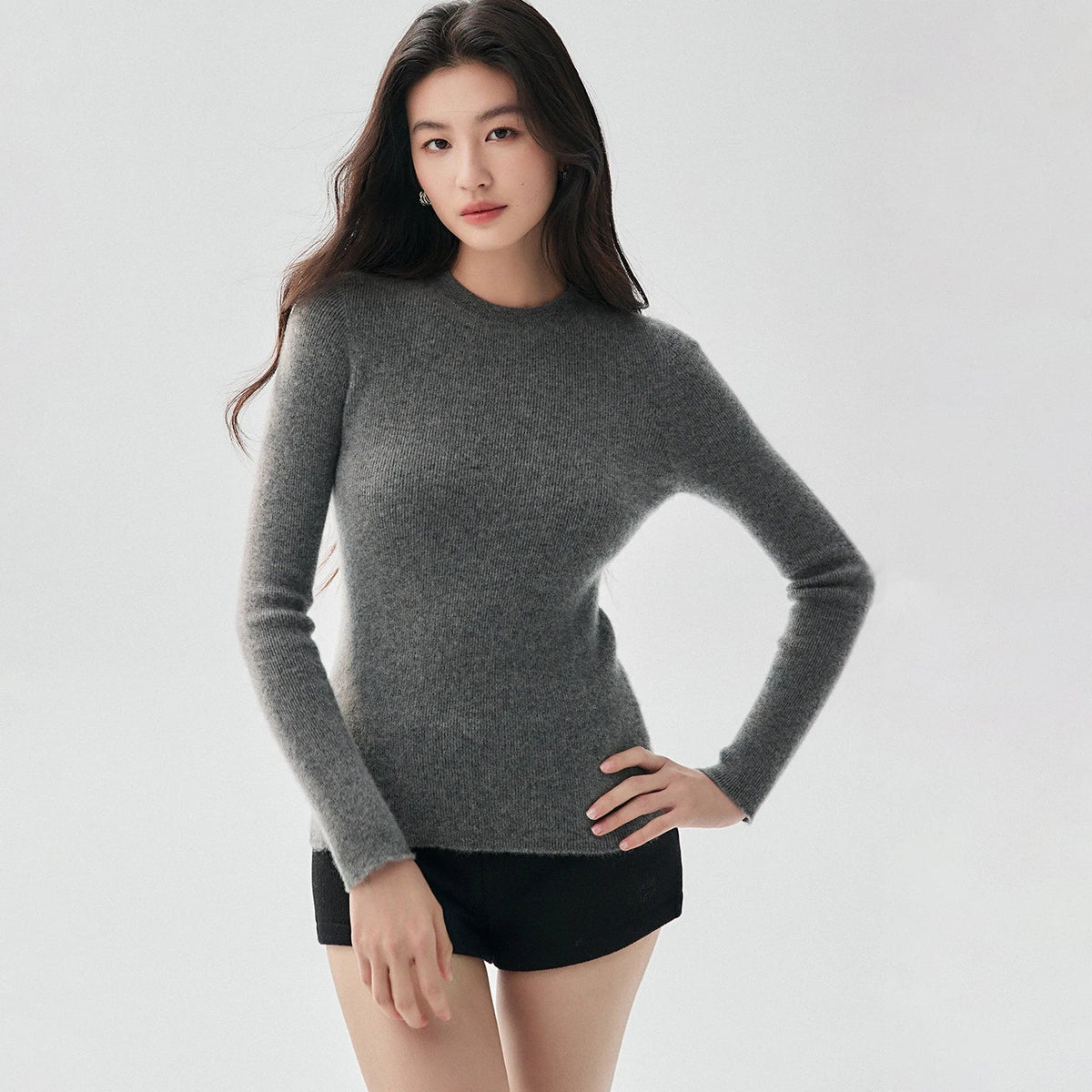 Dames Geribbelde Trui met Ronde Hals en Slim Fit