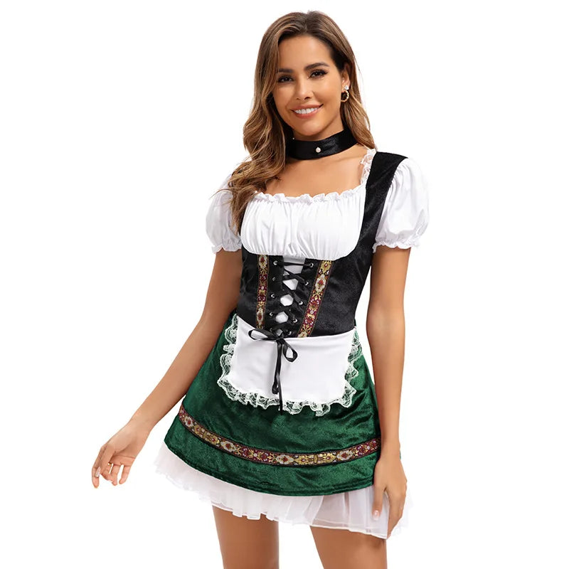 Dames Dirndl Jurk – Oktoberfest Kostuum met Schort en Ketting