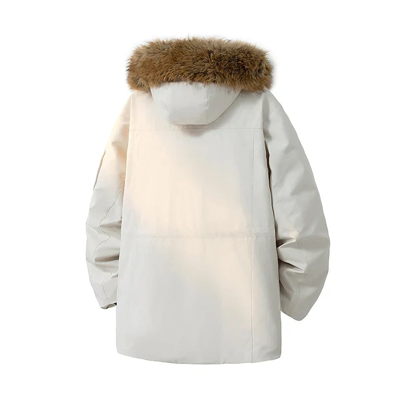Winterjas met capuchon en nepbont, veel zakken, lange model