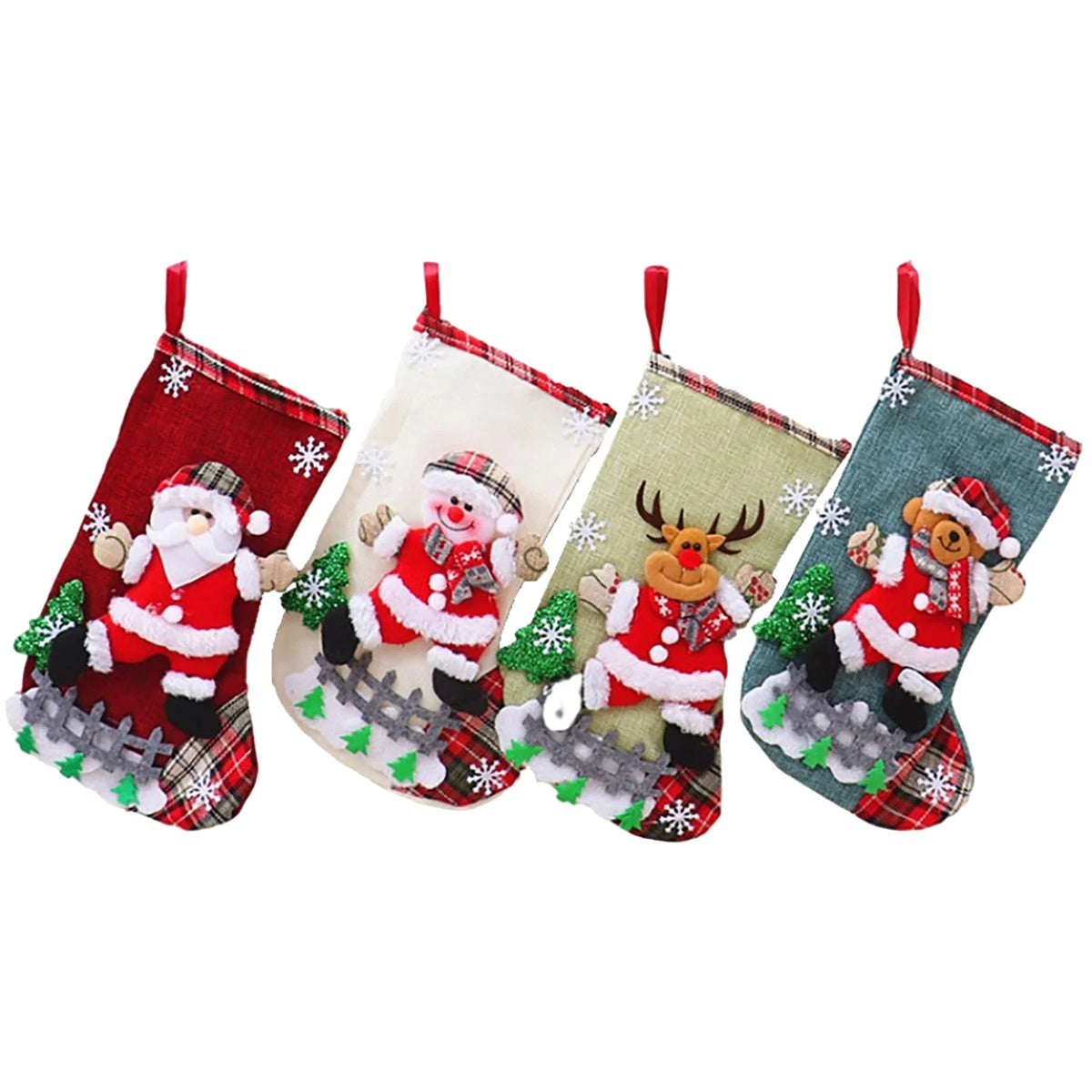 Kerstvriendjes Noël – Set van 4 Kerstkousen met 3D-figuren van Linnen