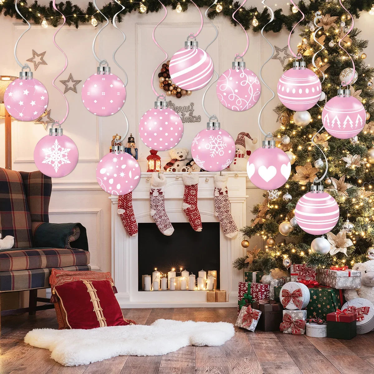 Rosavelle – Roze en Witte Hangende Kerstdecoratie met 12 Spiralen