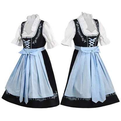 Zwarte Dames Dirndl Jurk 3-Delige Set met Blauw Schort