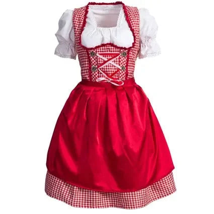 Dirndl jurk rood wit geruit met vetersluiting en witte blouse