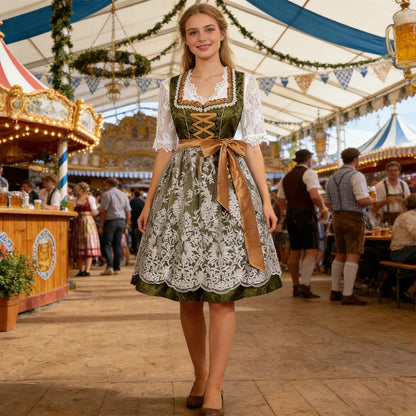 Groene Dirndl jurk met witte kanten blouse en gouden strik