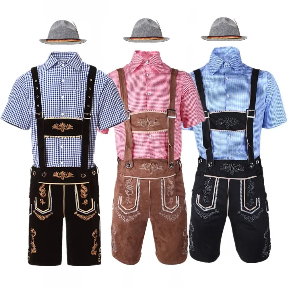 Heren Oktoberfest Lederhosen-set met shirt, bretels en hoed, geborduurde korte broek