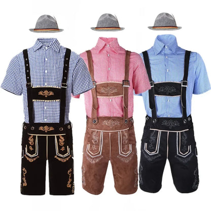Heren Oktoberfest Lederhosen-set met shirt, bretels en hoed, geborduurde korte broek