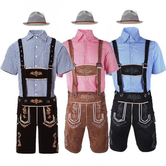 Heren Oktoberfest Lederhosen-set met shirt, bretels en hoed, geborduurde korte broek