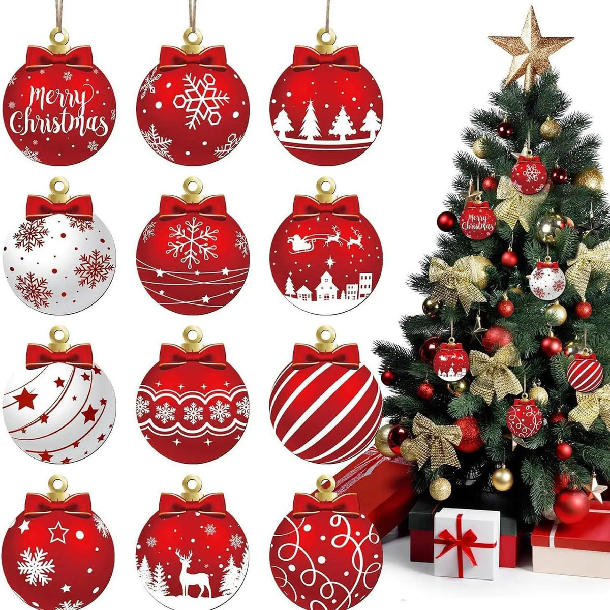 Kerstboom Hangers – Set van 12 Rode en Witte Kerstornamenten
