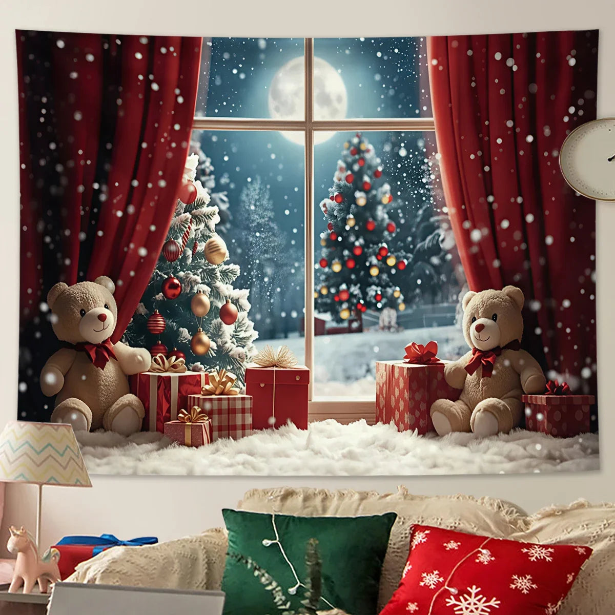 Kerstknuffel Wandtapijt – Feestelijke Kerstdecoratie met Beren
