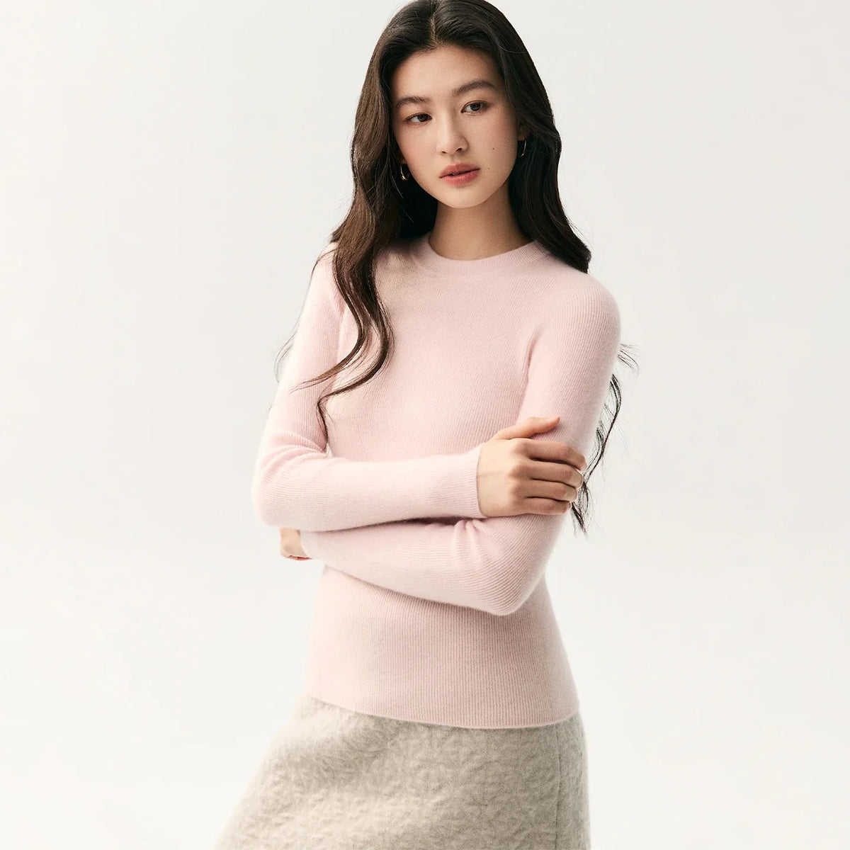 Dames Geribbelde Trui met Ronde Hals en Slim Fit